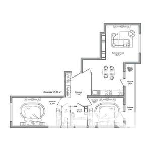 2-к квартира, строящийся дом, 75м2, 2/14 этаж