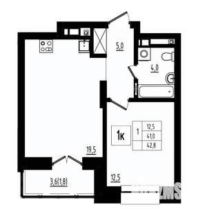 1-к квартира, строящийся дом, 43м2, 7/12 этаж