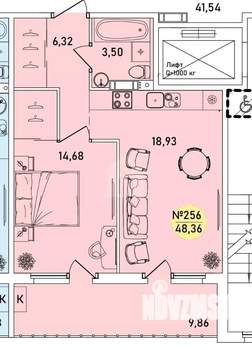 1-к квартира, вторичка, 48м2, 9/9 этаж