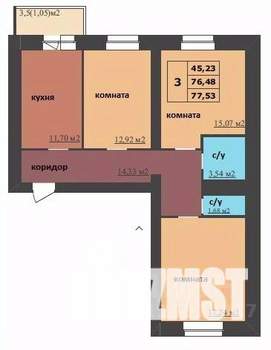 3-к квартира, строящийся дом, 78м2, 13/16 этаж
