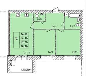 2-к квартира, вторичка, 70м2, 2/3 этаж
