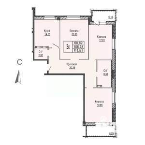 3-к квартира, строящийся дом, 115м2, 2/8 этаж