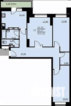 3-к квартира, строящийся дом, 89м2, 1/24 этаж