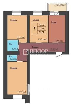 3-к квартира, вторичка, 73м2, 13/16 этаж