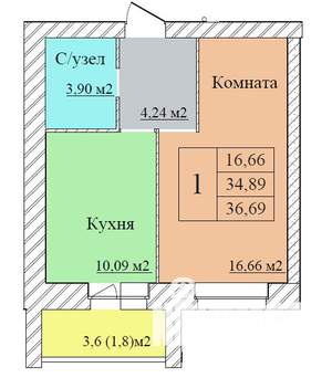 1-к квартира, вторичка, 37м2, 1/8 этаж