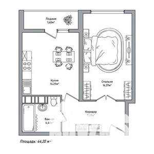 1-к квартира, строящийся дом, 44м2, 4/14 этаж