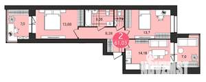 2-к квартира, строящийся дом, 61м2, 4/4 этаж
