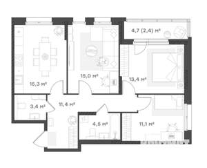 3-к квартира, вторичка, 77м2, 9/18 этаж