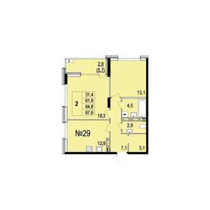 2-к квартира, строящийся дом, 65м2, 7/10 этаж