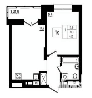 1-к квартира, строящийся дом, 41м2, 2/12 этаж