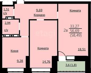 2-к квартира, вторичка, 58м2, 5/10 этаж