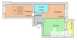2-к квартира, строящийся дом, 62м2, 7/8 этаж
