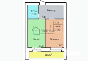 1-к квартира, вторичка, 43м2, 9/12 этаж
