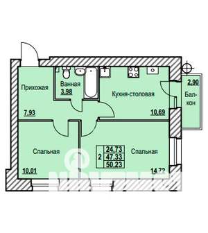 2-к квартира, строящийся дом, 50м2, 3/9 этаж