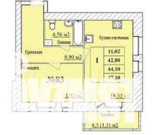 1-к квартира, вторичка, 44м2, 3/8 этаж