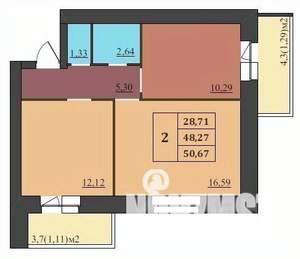 2-к квартира, строящийся дом, 51м2, 9/9 этаж