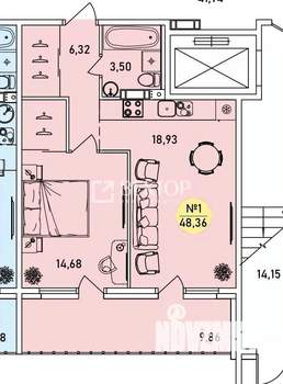 1-к квартира, вторичка, 48м2, 1/9 этаж