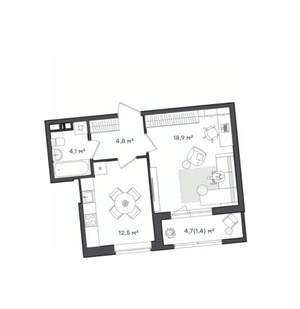 1-к квартира, вторичка, 42м2, 12/18 этаж