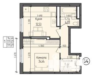 1-к квартира, строящийся дом, 38м2, 4/9 этаж