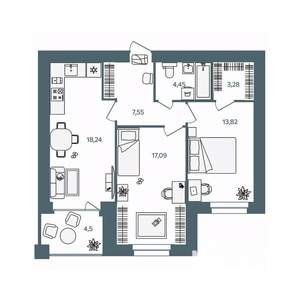 2-к квартира, строящийся дом, 67м2, 4/16 этаж