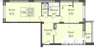 2-к квартира, вторичка, 55м2, 7/10 этаж