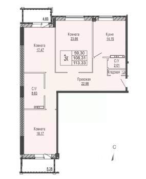 3-к квартира, строящийся дом, 113м2, 3/8 этаж