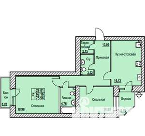 2-к квартира, строящийся дом, 76м2, 3/9 этаж