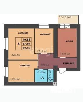 3-к квартира, вторичка, 69м2, 3/16 этаж