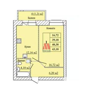 1-к квартира, вторичка, 40м2, 1/8 этаж