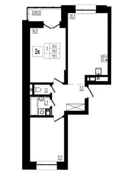 2-к квартира, вторичка, 60м2, 2/12 этаж