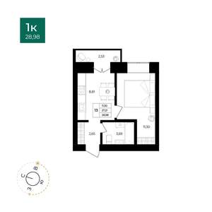 1-к квартира, вторичка, 29м2, 1/9 этаж