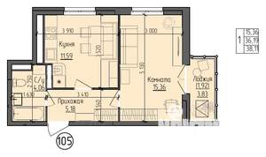 1-к квартира, строящийся дом, 38м2, 9/9 этаж