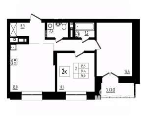 2-к квартира, вторичка, 56м2, 10/12 этаж