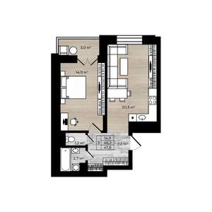 1-к квартира, вторичка, 48м2, 1/12 этаж