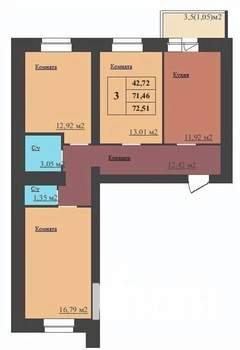 3-к квартира, сданный дом, 73м2, 16/17 этаж