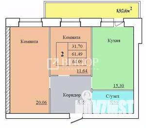 2-к квартира, строящийся дом, 64м2, 7/12 этаж