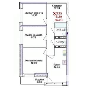 3-к квартира, строящийся дом, 64м2, 7/17 этаж