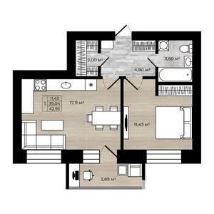 1-к квартира, вторичка, 43м2, 3/9 этаж