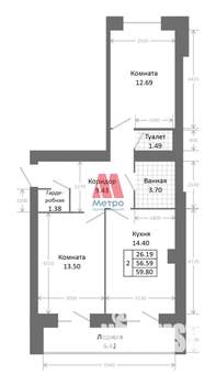 2-к квартира, строящийся дом, 63м2, 2/9 этаж