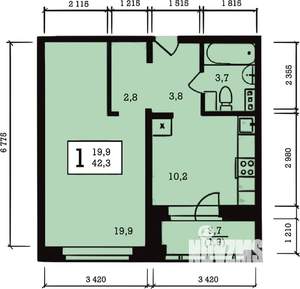 1-к квартира, строящийся дом, 42м2, 9/10 этаж