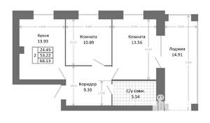 2-к квартира, строящийся дом, 68м2, 3/5 этаж