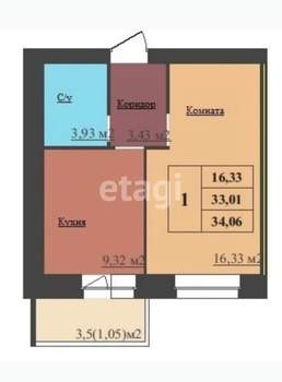 1-к квартира, вторичка, 34м2, 7/9 этаж