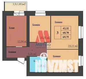 3-к квартира, сданный дом, 70м2, 10/16 этаж