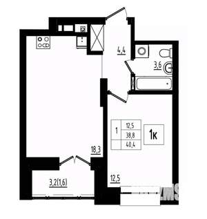 1-к квартира, строящийся дом, 40м2, 2/12 этаж