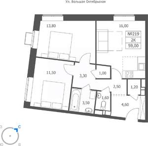 2-к квартира, вторичка, 59м2, 6/11 этаж