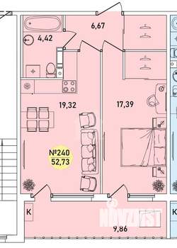 1-к квартира, вторичка, 53м2, 7/9 этаж