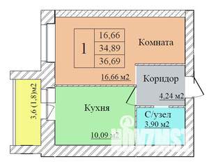 1-к квартира, строящийся дом, 37м2, 1/8 этаж