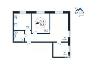 3-к квартира, вторичка, 57м2, 1/9 этаж