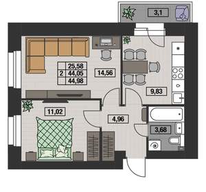 2-к квартира, вторичка, 45м2, 8/8 этаж