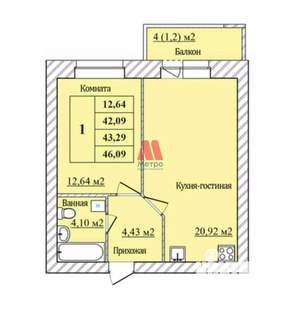 1-к квартира, вторичка, 43м2, 1/8 этаж